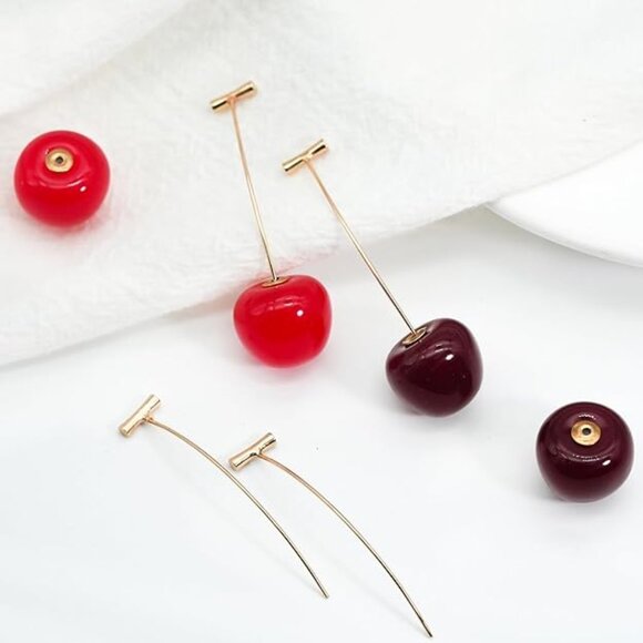 TWO (2) NEW Pairs of CHERRY Drop Earrings in Bright & Dark Gold Dipped Fruit - Picture 2 of 6